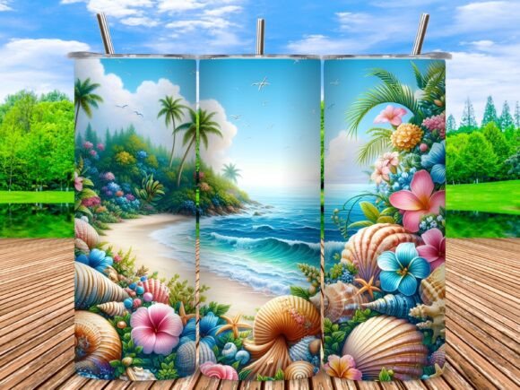 3D Seashells Beach Tumbler Wrap PNG