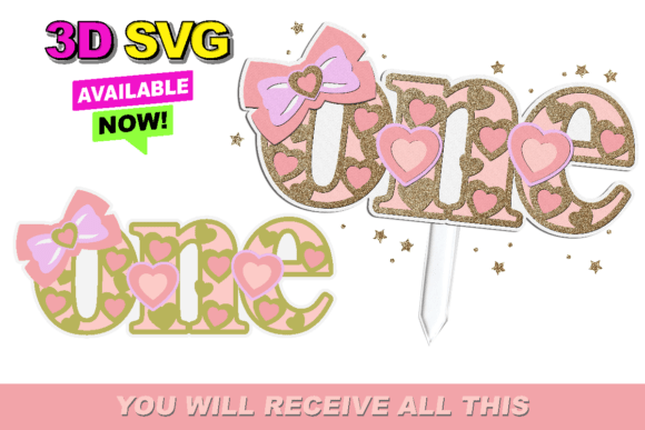 Pink Bow One Birthday Topper 3D SVG