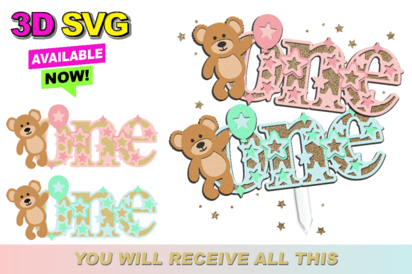 Teddy Bear One Cake Topper 3D SVG
